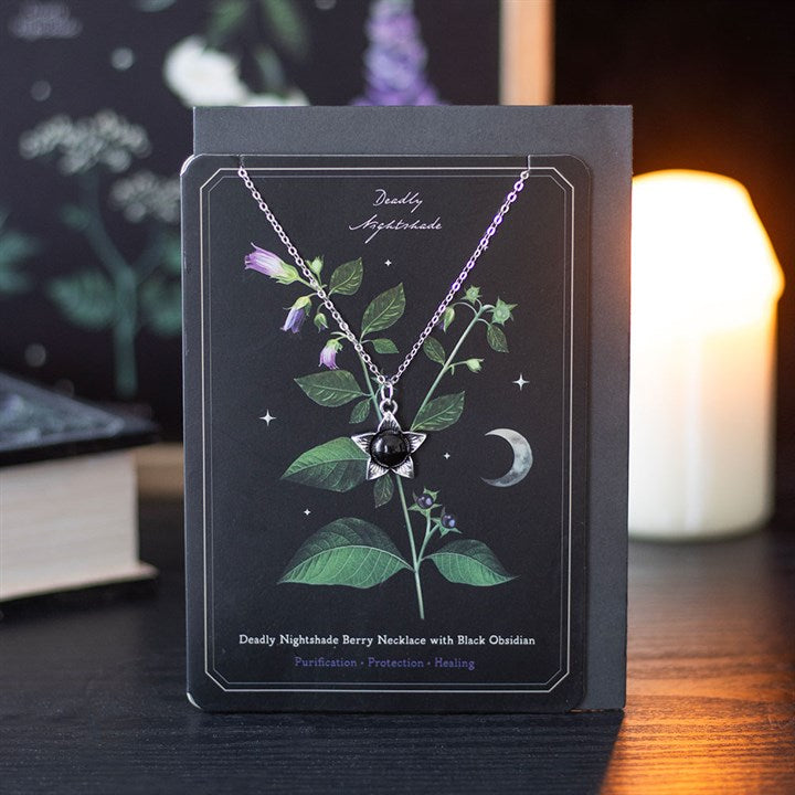 Deadly Nightshade Necklace with black obsidian on card